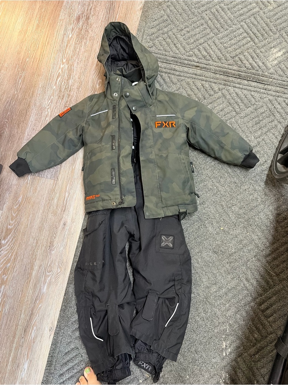 FXR Kids Camo Snow Jacket and Black Snow Pants - Olive/Black